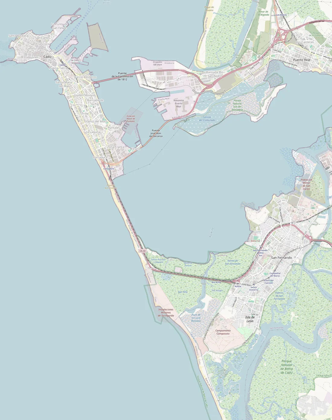 Mapa de San Fernando, Cádiz y la Playa Camposoto con las rutas en coche desde el apartamento